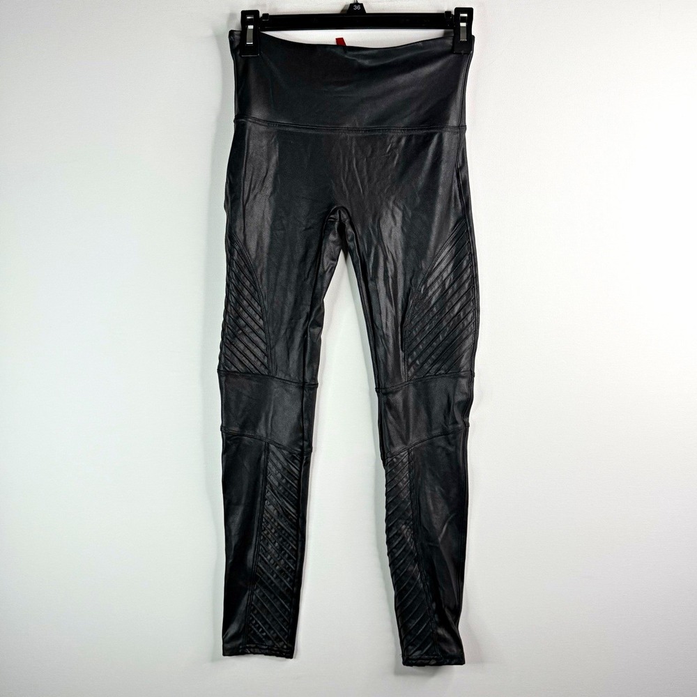SPANX Faux Leather Leggings Black Petite M High Rise Ankle Quilted Stretch